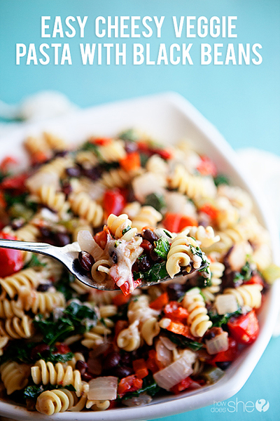 Easy Cheesy Veggie Pasta with Black Beans pinterest image