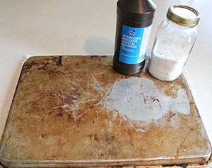 cookie sheet with hydrogen peroxide and baking soda