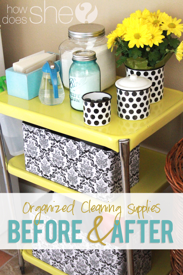 Organized cleaning supplies before and after