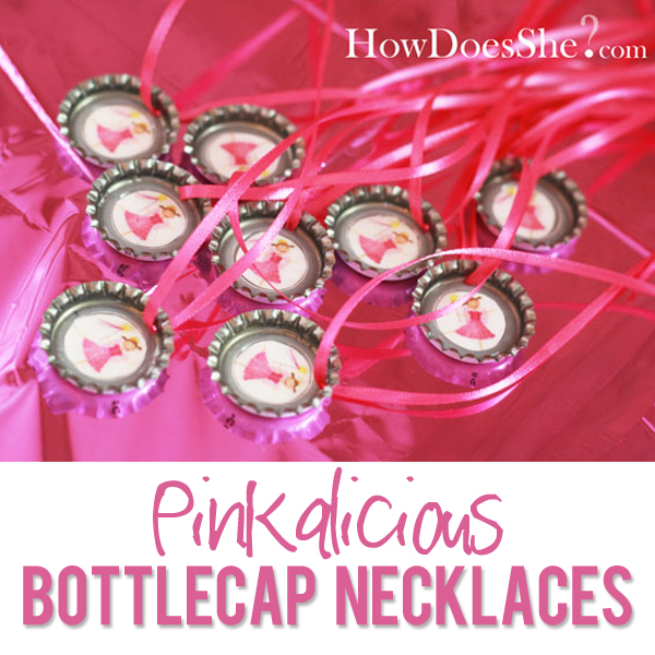 10 Pinkalicious bottle cap Necklaces party favors organza bag