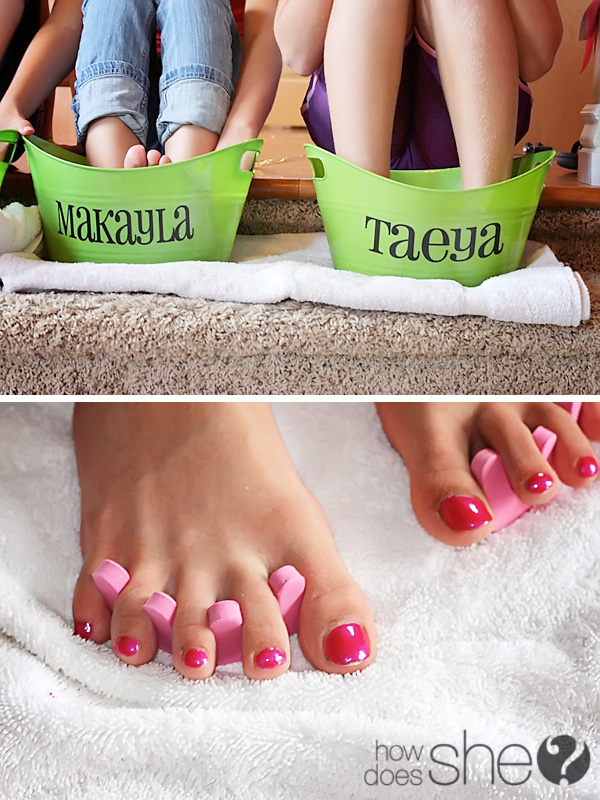 collage image of feet soaking in a bucket and painted toenails